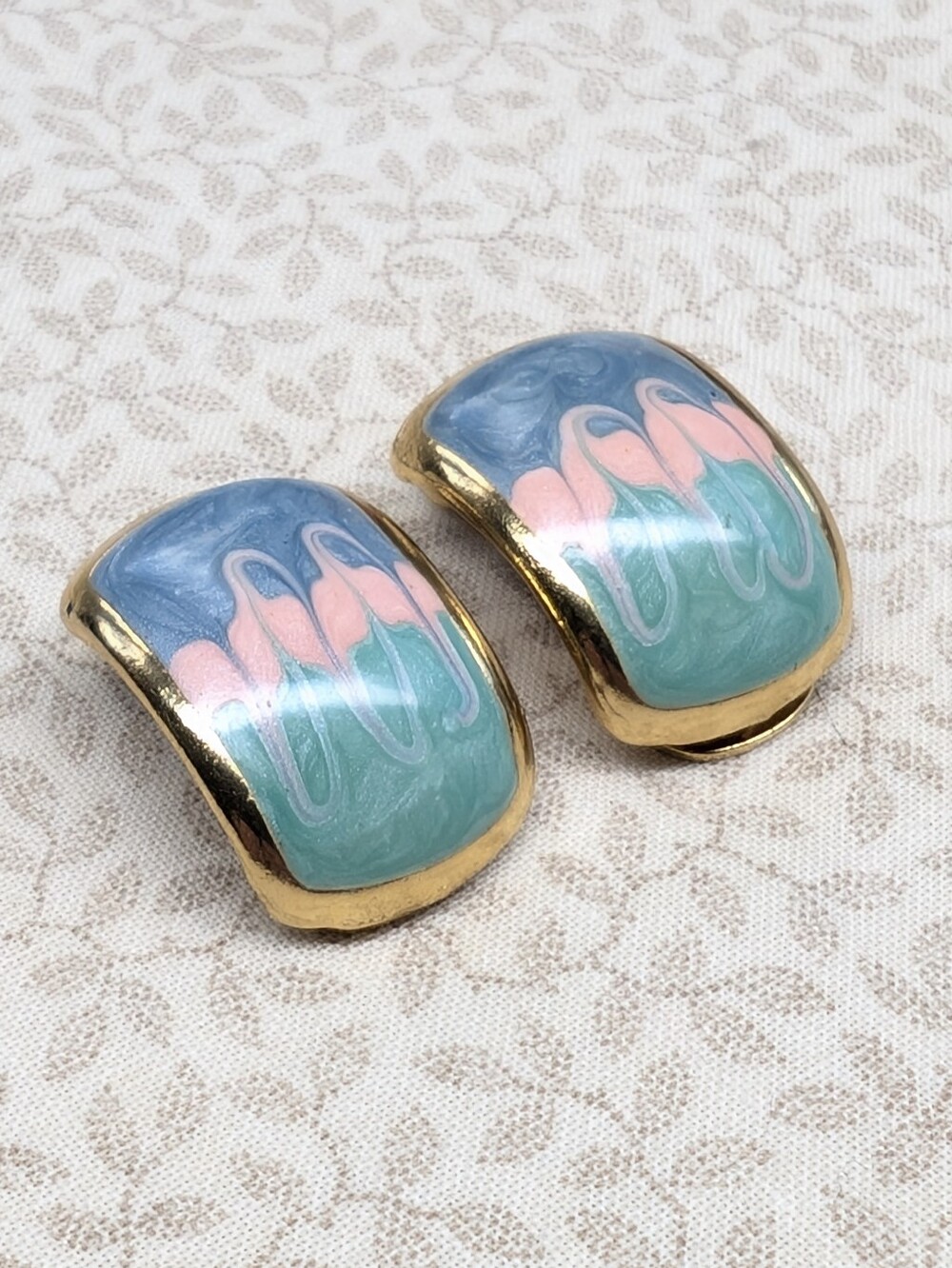 Gold-Tone Enamel Clip Earrings in Blue, Mint & Pink